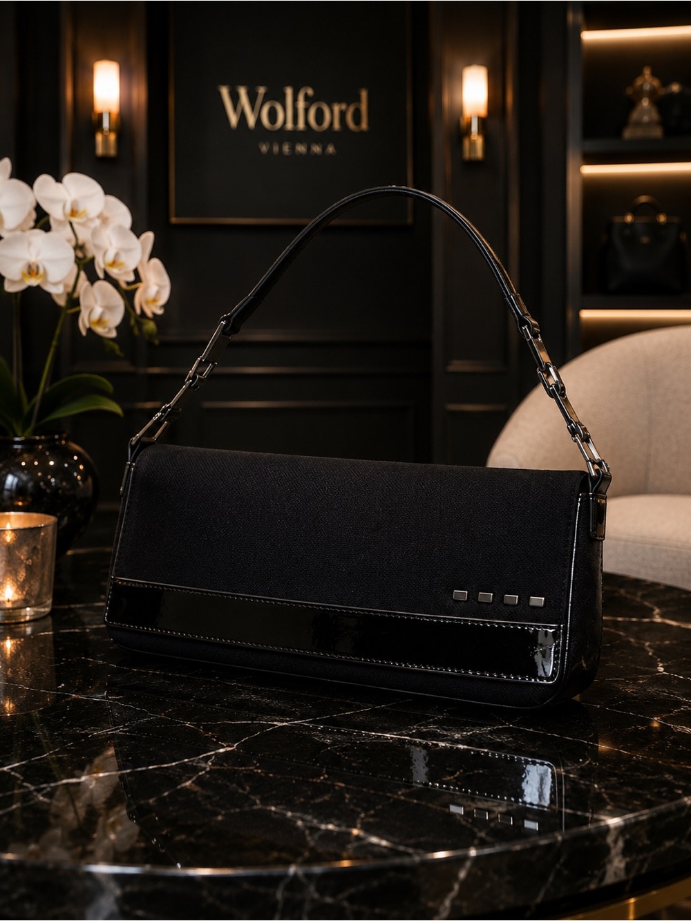 Wolford Black Canvas Patent Leather Baguette Shoulder Bag